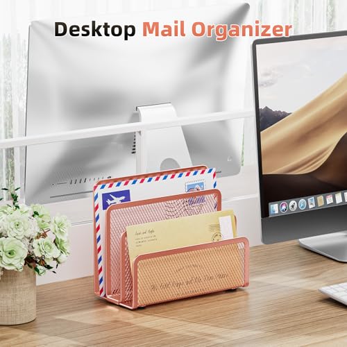 Marbrasse Mail Organizer for Desk, 3-Slot Mesh Metal Mail Holder countertop, Letter Holder, Office Desktop Envelope and Document Storage Rack (Rose Gold) - color: Rose Gold