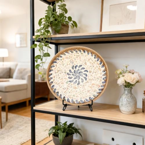 AHANDMAKER 1Pc Large Rattan Serving Tray with Mother of Pearl Boho Round Decorative Tray 14 Inches Diameter for Table Decor Home Decor Kitchen Island Serving and Display