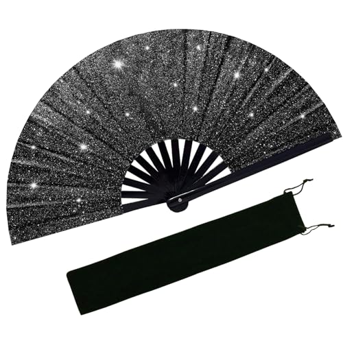 EOSAU Large Glitter Rave Fan, Folding Hand Fans for Line Dancing, Black - color: 13" Black 01