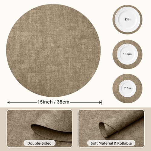 Placemats Set of 6, 15 Inch Round Faux Leather Place Mats - color: R-light Coffee