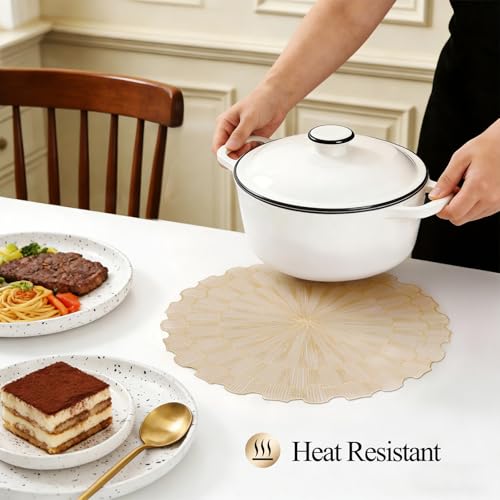 Quantum Love Set of 6 Round Vinyl Placemats Pressed Metallic 15 Inch Gold Sunflower PVC Place Mats Dinning Kitchen Waterproof Washable Table Mats for Fesitval Wedding Party Decoration - color: Gold Sunflower
