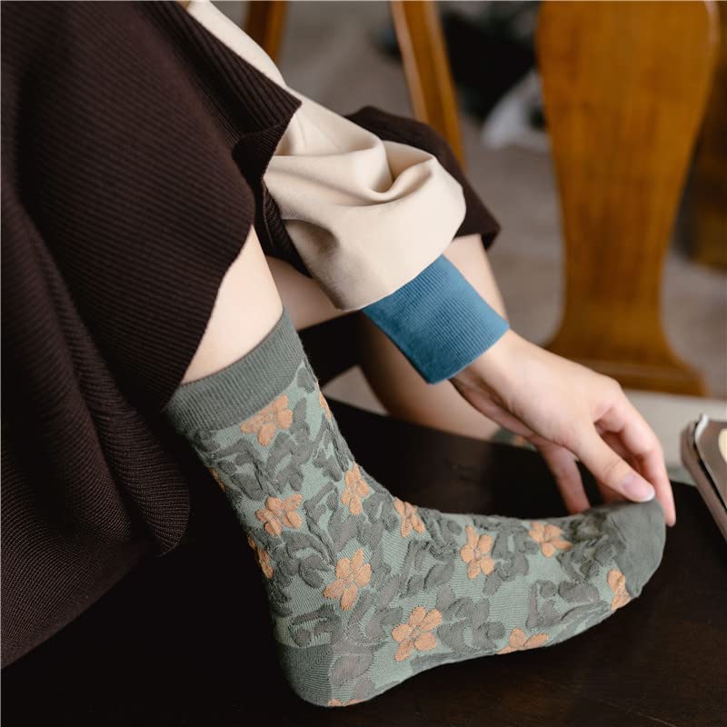 Vintage Embroidered Floral Socks for Women Combed Cotton Crew Socks - color: 5 Pairs - Green