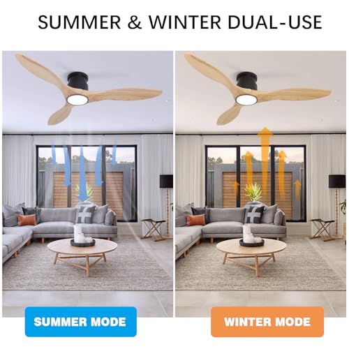 52" Ceiling Fan, Solid Natural Wood Low Profile Flush Mount - color: Flush Mount - Natural wood - pointed