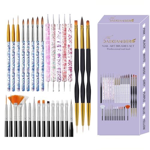 31PCS Nail Art Brush Set, Liner, Dotting, Fan & Flat Brushes - color: black