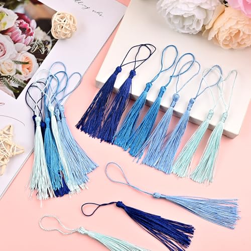 NACHLYNN 120 Pcs Bookmark Tassels Bulk 13cm/5 Inch Silky Handmade Soft Craft Mini Tassels for Jewelry Keychain Making with Loops for Dress Decoration DIY Craft Accessory (Blue Series) - color: Blue Series