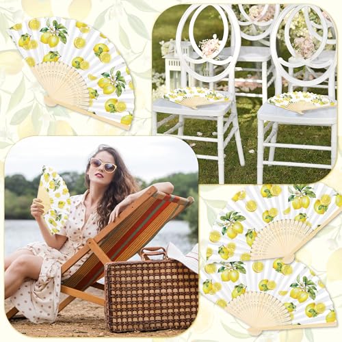 Aodaer 50 Pack Lemon Printed Folding Hand Fans with Organza Bags Bulk Wooden Storage Box Retro Mediterranean Paper Fans Capri Handheld Fan for Bridal Shower Wedding Bridesmaid Gifts - style: Lemon