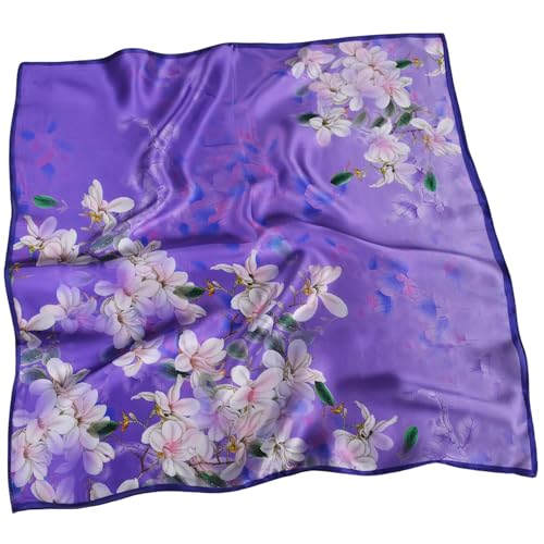 Women 100% Mulberry Silk Neck Scarf 21" Square Floral Neckerchief - color: Purple