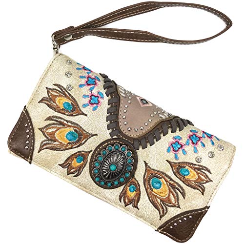 Zelris Turquoise Concho Peacock Feather Women Crossbody Wrist Trifold Wallet - color: Beige