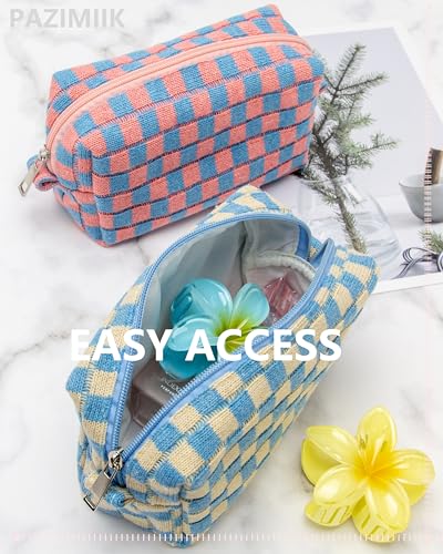 Checkered Makeup Bag for Purse, Small Travel Cosmetic Pouch,Blue Beige - color: Blue Beige