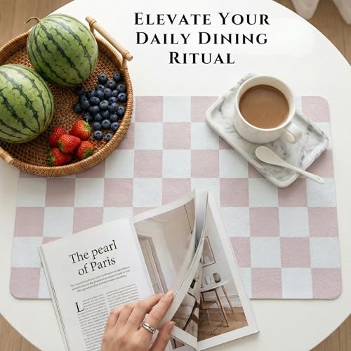 Set of 6 Checkerboard Non-Slip Washable Placemats for Dining Table - color: Pink