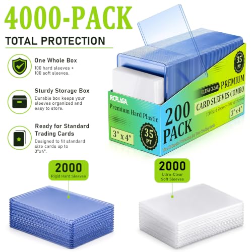 4000 Card Sleeves Hard Plastic, RCPLAGA 3"X 4" Trading Card Holder, 35PT - size: 2000 Hard Sleeves + 2000 Soft Sleeves