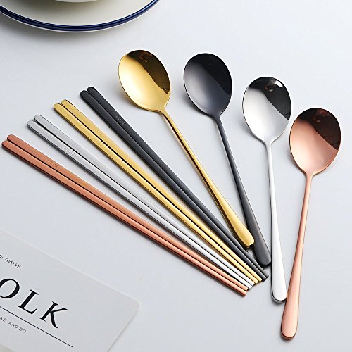 Buyer Star 4 Set Chopsticks Spoon Set, 4 Color Reusable Metal Stainless Steel Korean Chopstix Spoon Set Christmas Gift - color: 4 color A-flat chopstick and spoon
