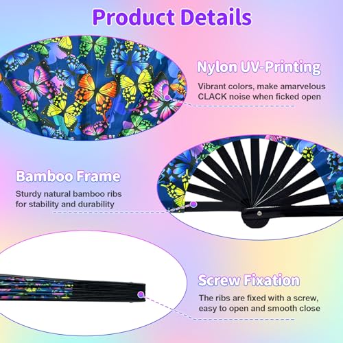 EOSAU Large UV Glow Rave Fan Folding Hand Fans for Line Dancing Butterflies - color: 13" Butterflies