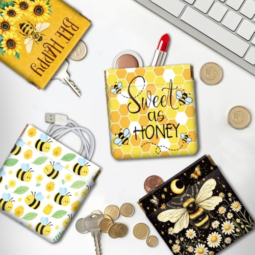 Peacoblue Bees and Flower Coin Purse,PU Leather Squeeze Pouch 4PCS - style: Bees and Flower