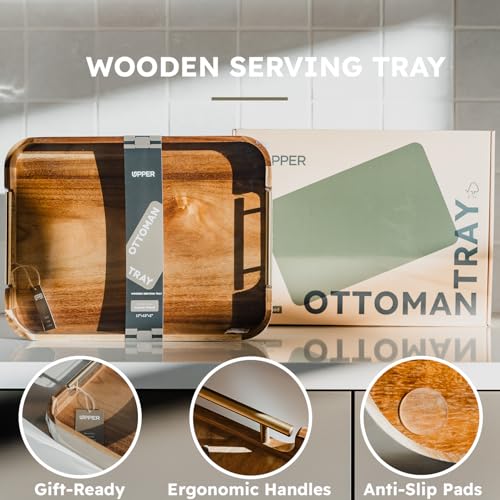 Acacia Wood Ottoman Tray with Handles, 17x13 Inch Rectangle Serving Tray for Coffee Table, Living Room & Breakfast, Decorative Wooden Ottoman Tray with Anti-Skid Pads (Gold Handle 01) - color: Golden Handle 1