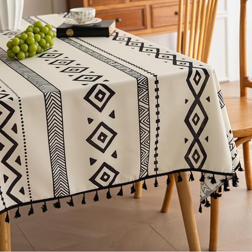 Handblock Print Tablecloth for Square Tables, Black Geometry Table Cover with Fringed Edges, Decorative Tablecloth for Kitchen and Dining Room,59"x 102" - color: Geometry, size: 102" x 59" (Rectangular)