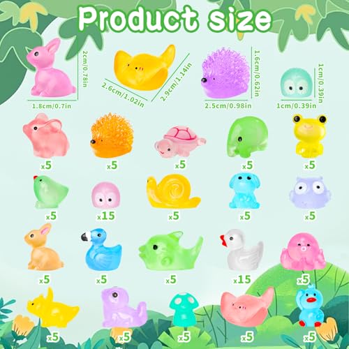 120PCS Luminous Mini Resin Animals 20 Types to Hide Miniature Resin Animals Figures Glow in the Dark Tiny Ducks Owls Frogs Bulk for Micro Landscape Dollhouse Aquarium Potted Fairy Garden DIY Decor - color: 120pcs-animals