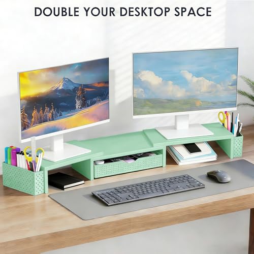 Spacrea Dual Monitor Stand Riser with Drawer and 2 Pen Holders - color: Sage Green
