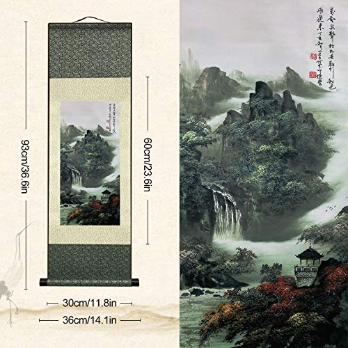 AtfArt Silk Scroll Painting, Asian Wall Art, Waterfall Landscape, 36.2x12in - color: A1