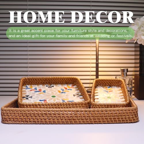 Rectangle Rattan Serving Tray with Mother of Pearl Inlay, Handmade Wicker Coffee Table Basket for Fruit Bread Food Tea Party Picnic Table Kitchen Home Boho Decor 3 Sizes (Moroccan Blossoms) - color: Moroccan Blossoms