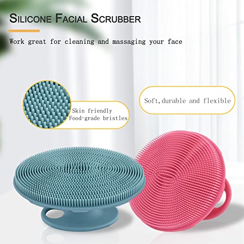 Silicone Face Brush Handheld Facial Cleansing Scrubber, Dark Green+Pink - color: 3rd-dark Green+pink (2 Pack)