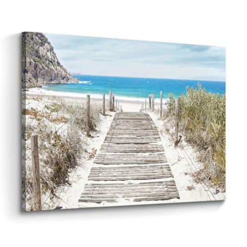 Bathroom Wall Art Beach Picture: Modern Ocean View Sea Canvas Artwork Decor Contemporary Coastal Scene Wave Seascape Painting Horizontal Scenic Nature Landscape Seaside Boardwalk Prints for Living - color: Boardwalk, size: 16"L x 11"W