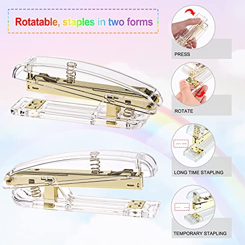 EOOUT Gold Office Supplies Set Desk Accessories, Acrylic Stapler Set Staple Remover, Phone Holder, Tape Holder, Pen Holder, 2 Ballpoint Pen, Scissor, Binder Clips, Ruler, Transparent Glue and Staples. - color: Gold