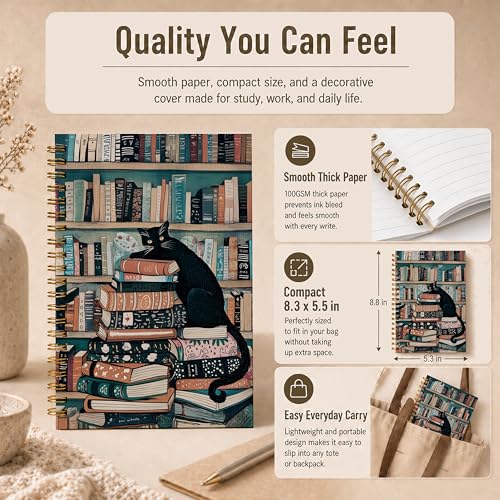 Black Cat Library Bookshelf Spiral Notebook, Black Cat Lover Gifts Journal, Book Lover Bookish Bookworm Librarian Gifts Hardcover Lined Notebook Journal, 5.5x8.3 Inch - color: pattern-7