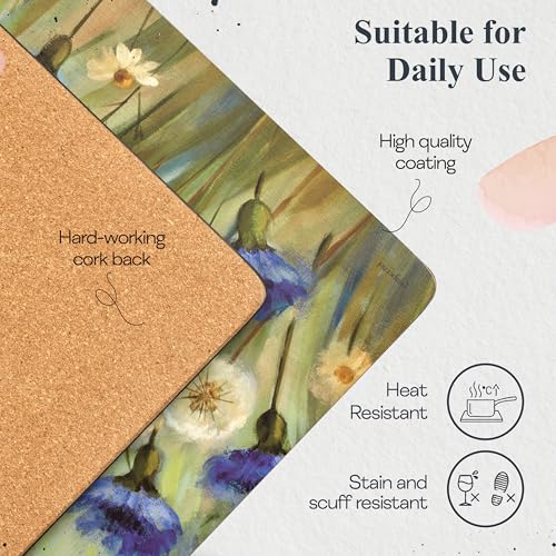 Pimpernel Fleurs des Champs Collection Placemat Set – (15.7" x 11.7") Cork-Backed Table Mats with Blue & White Cornflower Pattern, Heat & Stain Resistant with Lacquered Finish, Decorative Dining - size: 15.7" x 11.7" Rectangular, style: Fleur Des Champs