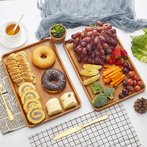 2 PCS 13 x 9 in Solid Acacia Wood Serving Trays Rectangular Wooden Serving Platters Natural Wooden Boards for Bar Coffee Party - color: Brown, size: 13" x 9"