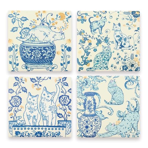 Blue White Coasters Chinoiserie Cat Coasters for Drinks Blue Vintage Kittens Ceramic Coasters with Cork Base for Cat Lovers Housewarming Birthday Gifts Set of 4