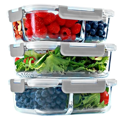 Glass Meal Prep Containers 1 & 2 & 3 Compartments, Airtight, 35 oz, 3 Pack - color: Gray (1,2,3 compartment - 3 pack, 35 oz)