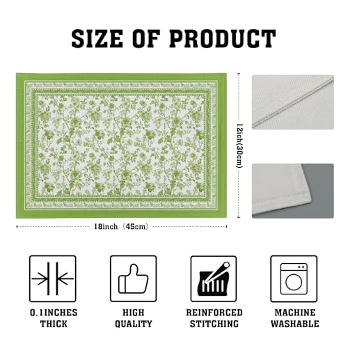 Green Floral Placemats Set of 4 Chinoiserie Boho Flowers Linen Fabric Rectangle Table Mat 12x18 Inch Washable Heat Resistant Outdoor Seasonal for Kitchen and Dining Table Decor - color: Green Leaf