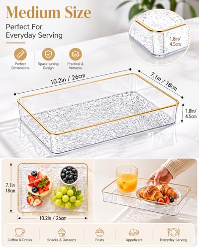 Clear Acrylic Tray, 6 Pack Acrylic Serving Trays Deep Serving Platter Decorative Tray with Gold Rim, Reusable Plastic Tray for Living Room Entryway Bedroom Kitchen Coffee Table Coutertop (Medium)
