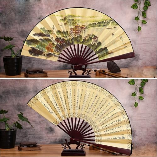 Fox Baby Folding Hand Fan,13 inch Bamboo Fabric Large Hand Fans with Chinese Traditional Painting for Decorations,Performance (Wooden Tower & West Lake) - color: Wooden Tower & West Lake