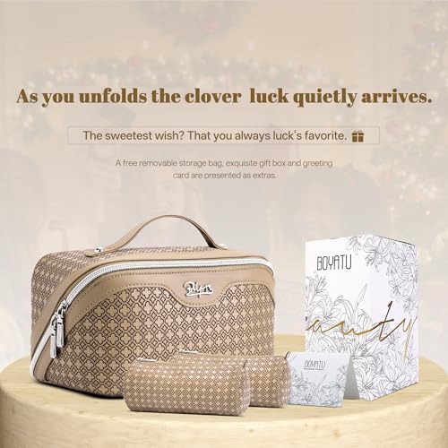BOYATU Travel Makeup Bag for Women: Four Leaf Clover 3 Pcs Set Cosmetic Bag - color: M-05Brown