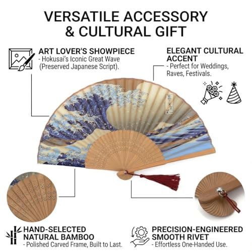 Silk Folding Hand Fan with Kanagawa Sea Waves, 15” Handheld Bamboo Accessory with Tassel, Portable Oriental Art, Wedding Favor, Festivals (Kanagawa Sea Waves) - color: Blue and Orange