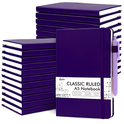 feela 24 Pack Journal Notebook Bulk for Work, Business Notebook Hardcover Lined Writing Journal with Pen Holder for Men Women Note Taking, with 24 Black Pens, 120 GSM, 5.1”x8.3”, A5, Purple - color: 24 Purple