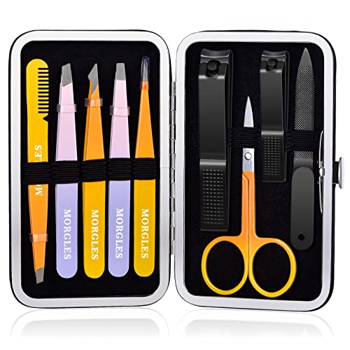 MORGLES Tweezers Set 9 Pcs Colorful Nail Clipper Kit with Case for Grooming - color: A-multicolored