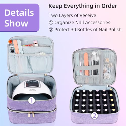 ALSLEA Nail Polish Organizer Holds 30 Bottles (15ml - 0.5 fl.oz) Double-layer Gel Nail Polish Kit Case, Nail Holder for Nail Lamp, Portable Nail Organizer and Storage for Nail Supplies (Purple) - color: Purple, size: 30 slots