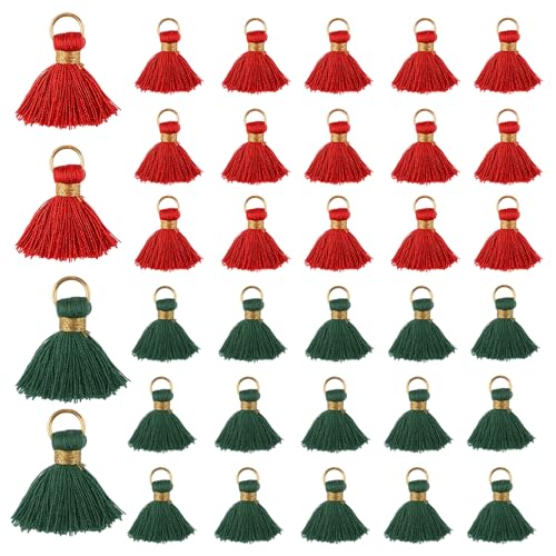 Mini Tassels Charm, 90pcs Golden Circle Red and Green Mini Tiny Handmade Craft Tassels Charms for Christmas DIY Jewelry Necklace Making Accessories - color: 2 Christmas Colors-2.4cm