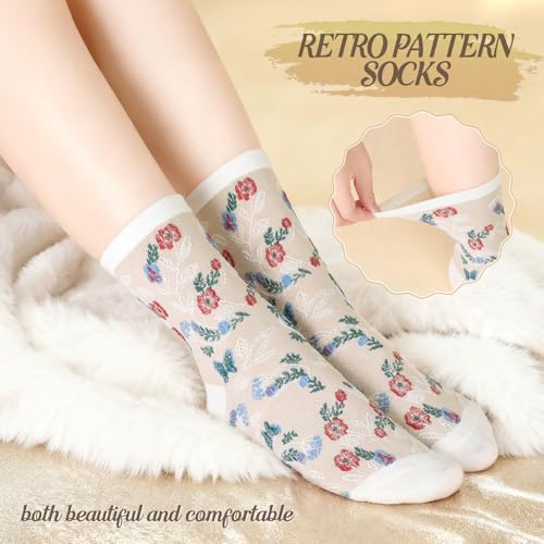 5/6 Pair Crew Socks for Women Floral Socks - color: White, Light Blue, Black, Yellow and Purple
