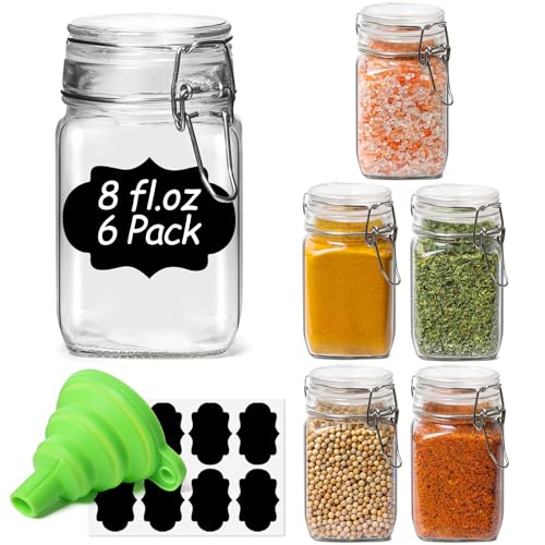 ComSaf Square Small 8 oz Glass Spice Jars with Airtight Lids 6 Pack Pantry - size: 8 fl oz x 6