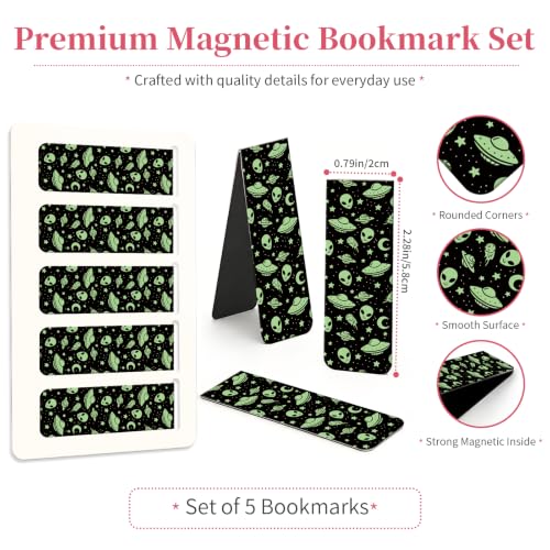 5 Pieces Magnetic Bookmarks, Cute Magnet Bookmark Clips, Colorful Page Markers for Books, Reading Supplies for Book Lovers, Women and Men Cute Green Aliens Spaceships - color: Cute Green Aliens Spaceships