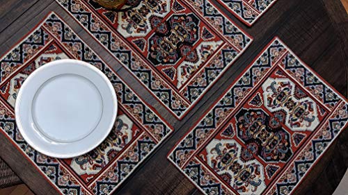 DaDa Bedding Majestic Red Kilim Rug Dining Table Placemats - Set of 4-Pieces Tapestry Cotton Kitchen Mats Royal Persian Tradtional Design - Elegant Intricate Multi-Colorful Floral Ornate - 13” x 19” - color: Majestic Red Kilim Rug