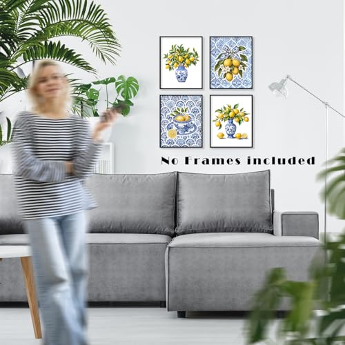 LUKIPOM Chinoiserie Lemon Wall Art Posters Set of 4, Grandmillennial Home Decor, Blue and White Floral Porcelain Lemon Tree Canvas Prints Artwork for Kitchen Wall Decor, 8x10 Unframed - color: Color 013