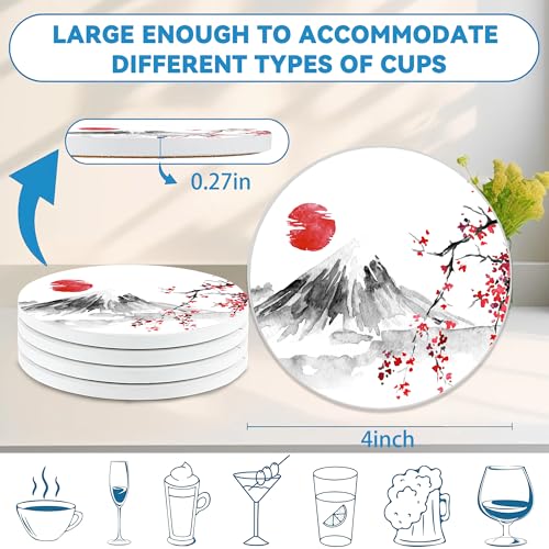 Drinks Coasters Set of 4, Japanese Sun Cherry Blossom Round 4" Cup Coasters, Absorbent Ceramic Stone Coasters with Cork Base, Cute Coasters for Table Home Décor, Ideal Gifts for Women Men - color: Japanese Sun Cherry Blossom
