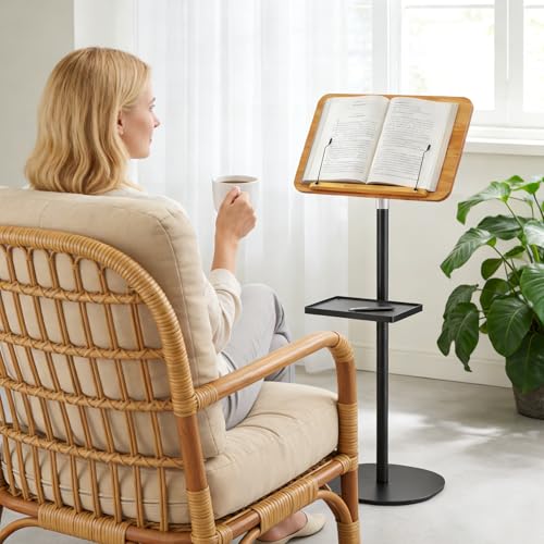 2 in 1 Adjustable Floor Book Stand & Music Stand with Removable Tray, 19.7" to 51.2" Foldable Reading Book Holder with Page Clips for Laptop, Cookbooks, Sheet Music, Wooden Podium Stand for Projector - color: Brown