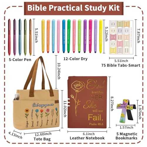 25 PCS Bible Study Supplies Kit, Large Capacity Canvas Tote Bag for Women Organizer, Bible Highlighters and Quick Dry Pens No Bleed Through Tabs, Christmas Christian Gifts for Women Mom Friends - color: Khaki