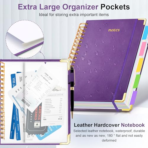 Hardcover Spiral Notebook 8"x10" Journal Notebook with Tabs and Removable Dividers 300 Pages 5 Subject Notebook College Ruled, Faux Leather Spiral Bound Notebook for Women School Work (Purple) - color: Purple, size: 8"x10"(B5)